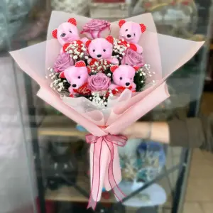 4'lü Pembe Gül ve Peluş Ayı Buketi - Ay Flowers
