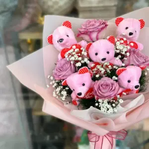 4'lü Pembe Gül ve Peluş Ayı Buketi - Ay Flowers