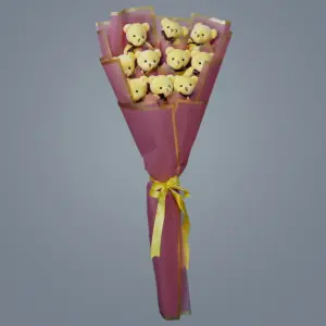 Sarı Peluş Ayıcık Buketi Pembe Süslemeli - Ay Flowers