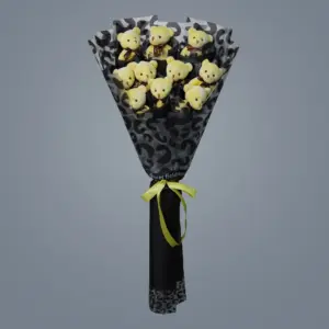 Sarı Peluş Ayıcık Buketi Siyah Süslemeli - Ay Flowers