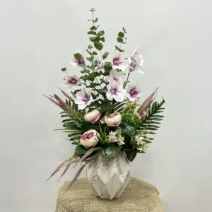 Okaliptus-Şakayık Beyaz Vazo Yapay Aranjman - Ay Flowers