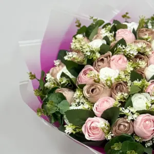 Renkli Yapay Mor-Beyaz Pione Buket - Ay Flowers