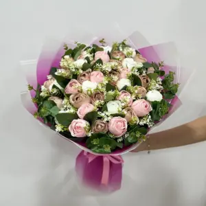 Renkli Yapay Mor-Beyaz Pione Buket - Ay Flowers