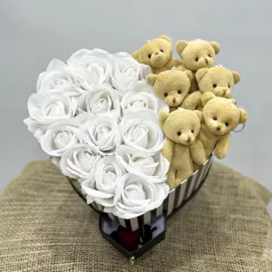 Yapay Beyaz Gül-Peluş Ayı Kutu - Ay Flowers